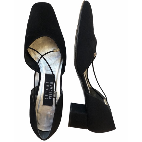 Stuart Weitzman Black Canvas Block Heel Shoe - Picture 1 of 6